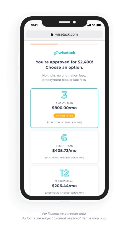 Wisetack payment options shown on a phone: a $2,400 approval with 3-, 6-, and 12-month plans