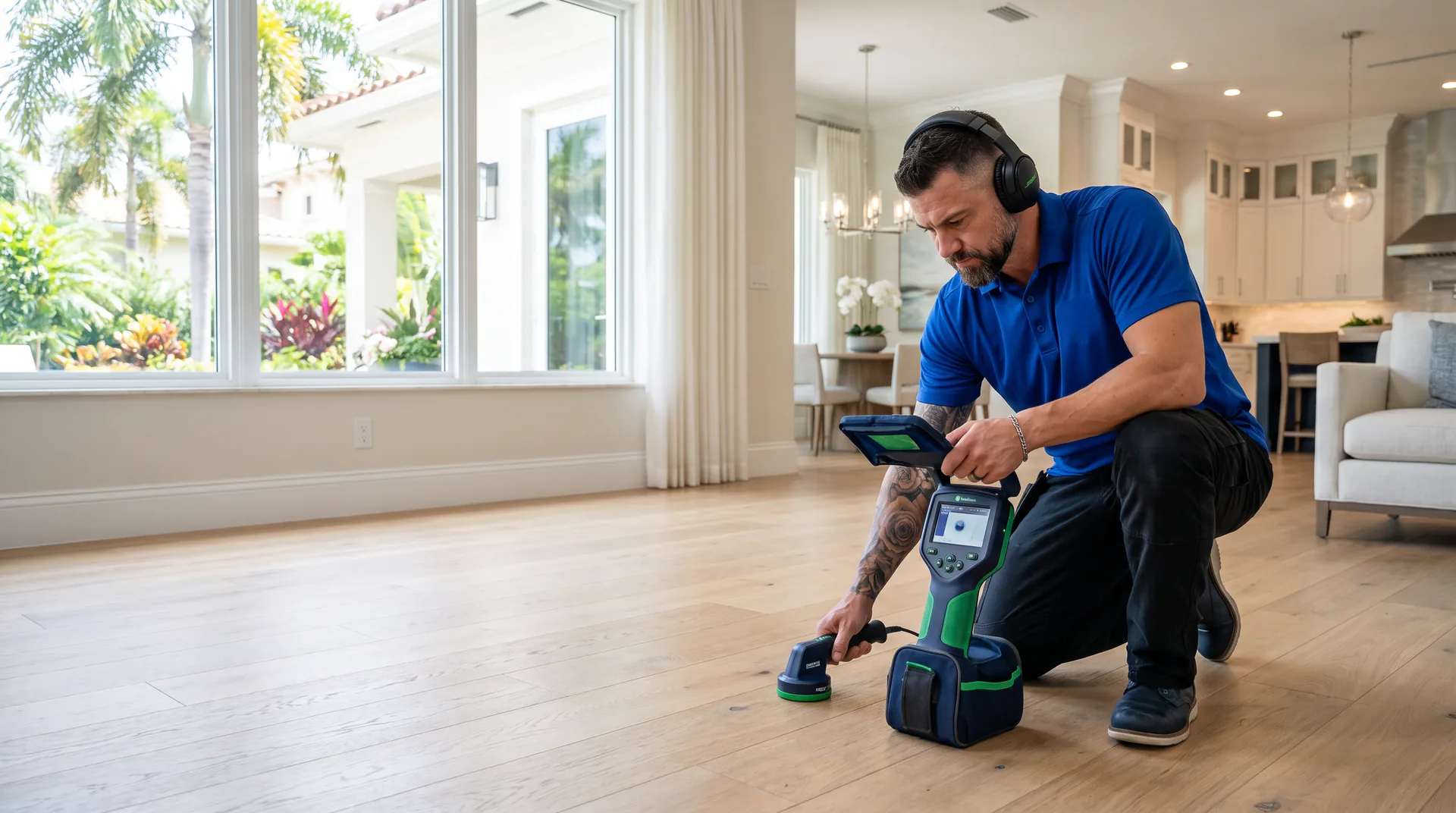 Kyle Plumbing technician pinpointing a hidden leak with acoustic listening equipment