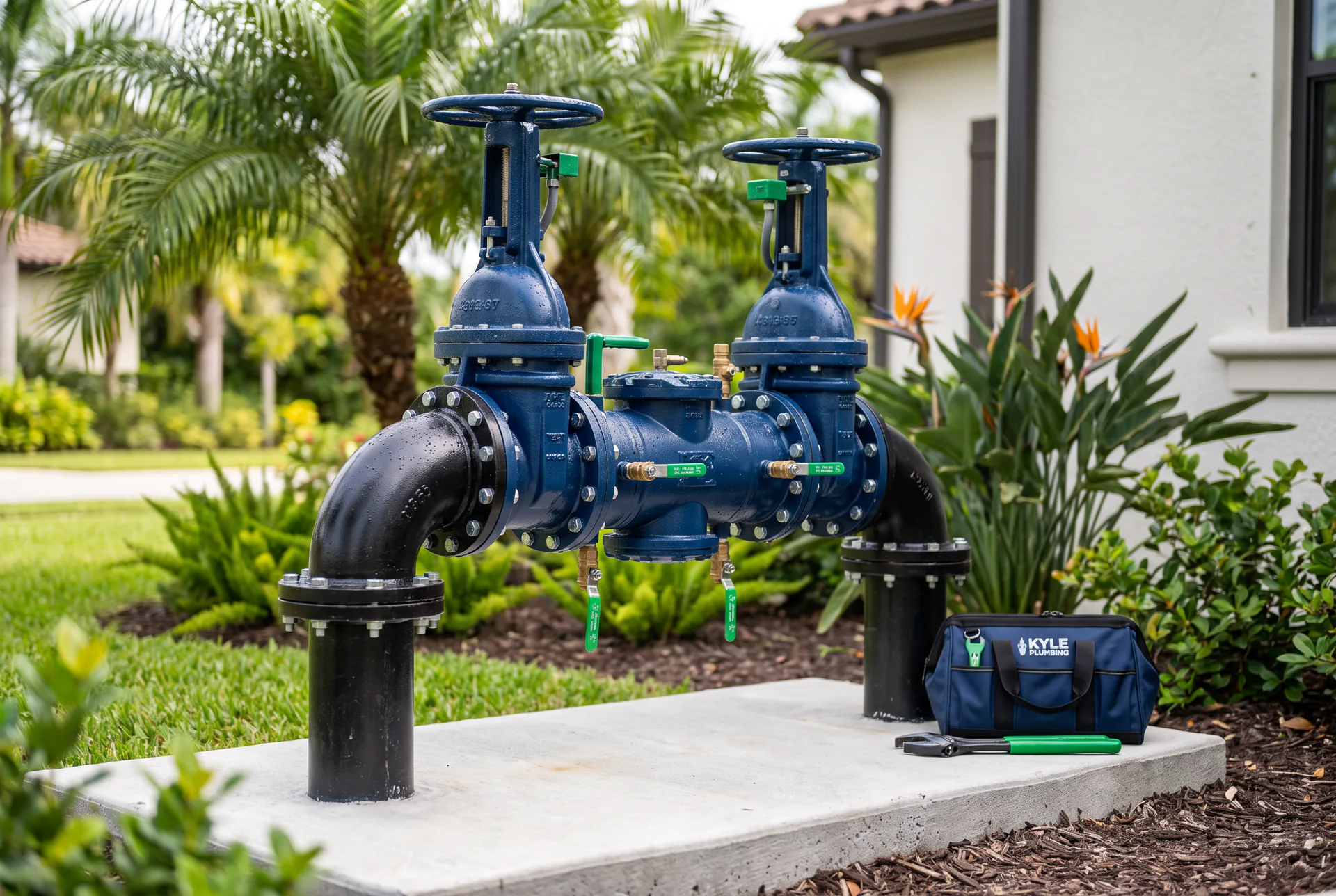 A newly serviced backflow preventer assembly protecting a South Florida home's water supply