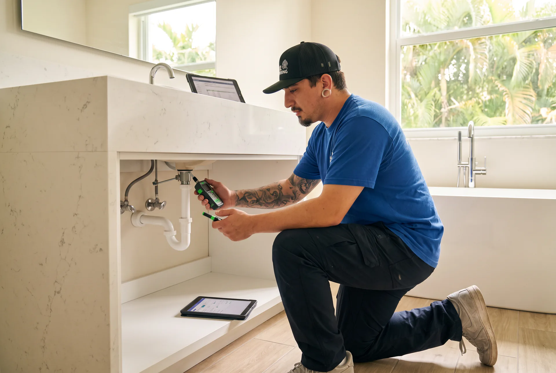 Kyle Plumbing technician documenting inspection findings with meter readings and an on-site tablet report