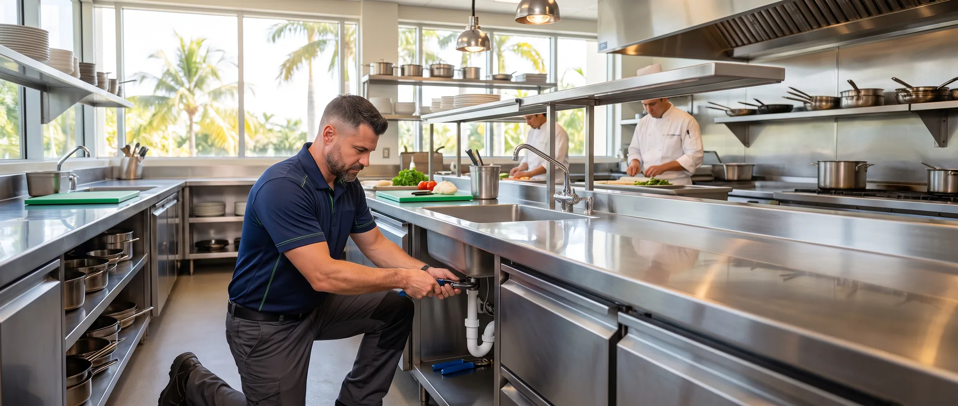 Kyle Plumbing technician servicing sink drains in a busy commercial kitchen