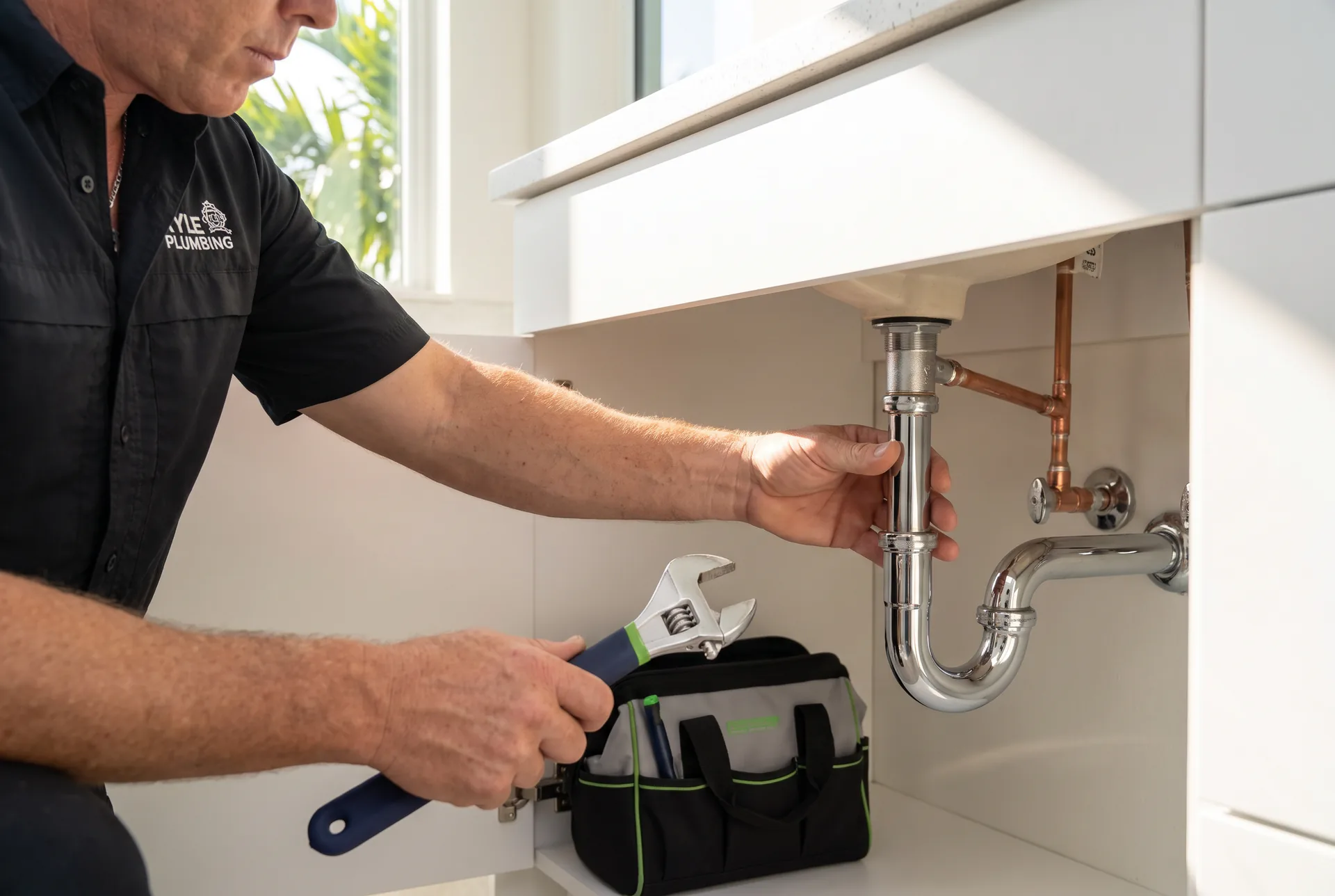 Kyle Plumbing technician clearing and re-sealing a sink drain trap under a bright white vanity