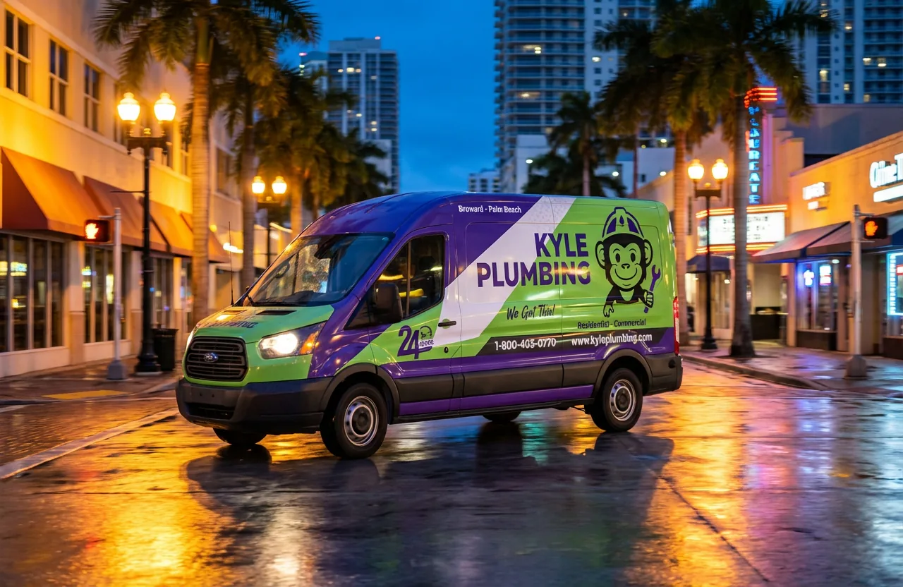 Kyle Plumbing van rolling out at night — emergency plumbing response across Broward and Palm Beach County