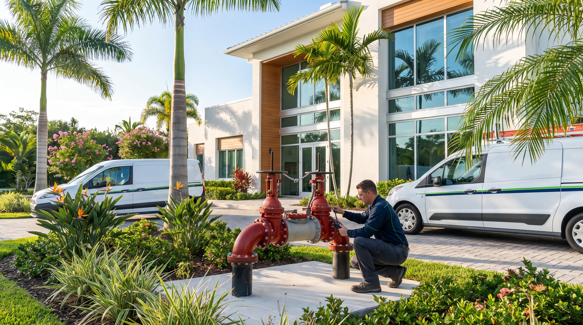 Kyle Plumbing technician testing a commercial fire backflow assembly at a South Florida property