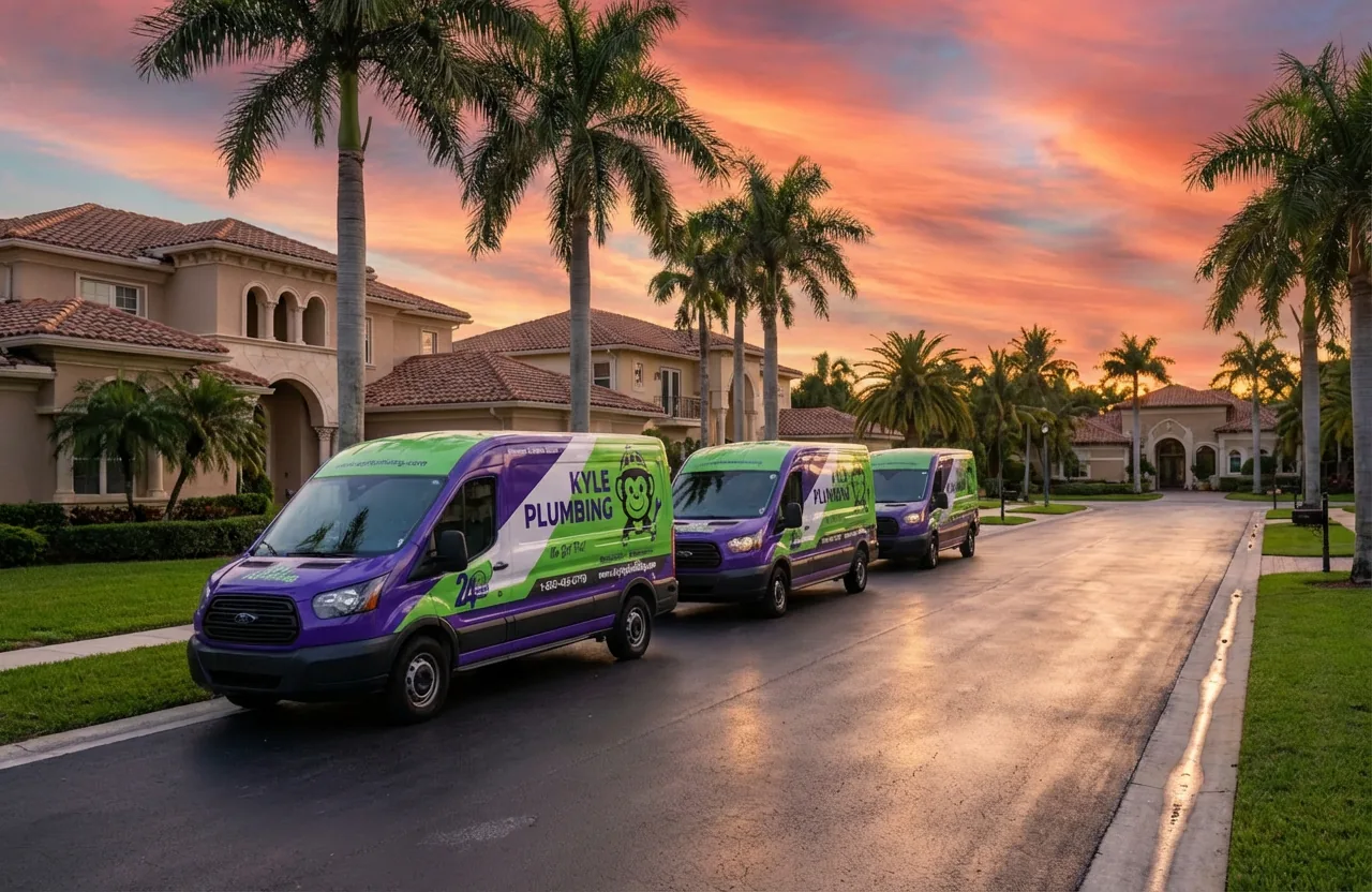 Kyle Plumbing service vans on a residential street at sunset in Palm Beach County