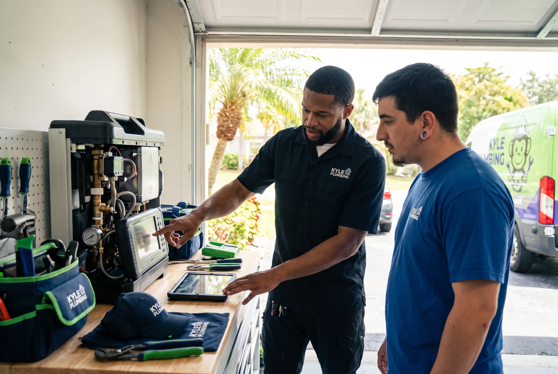 A senior Kyle Plumbing technician walking an apprentice through equipment at the workbench