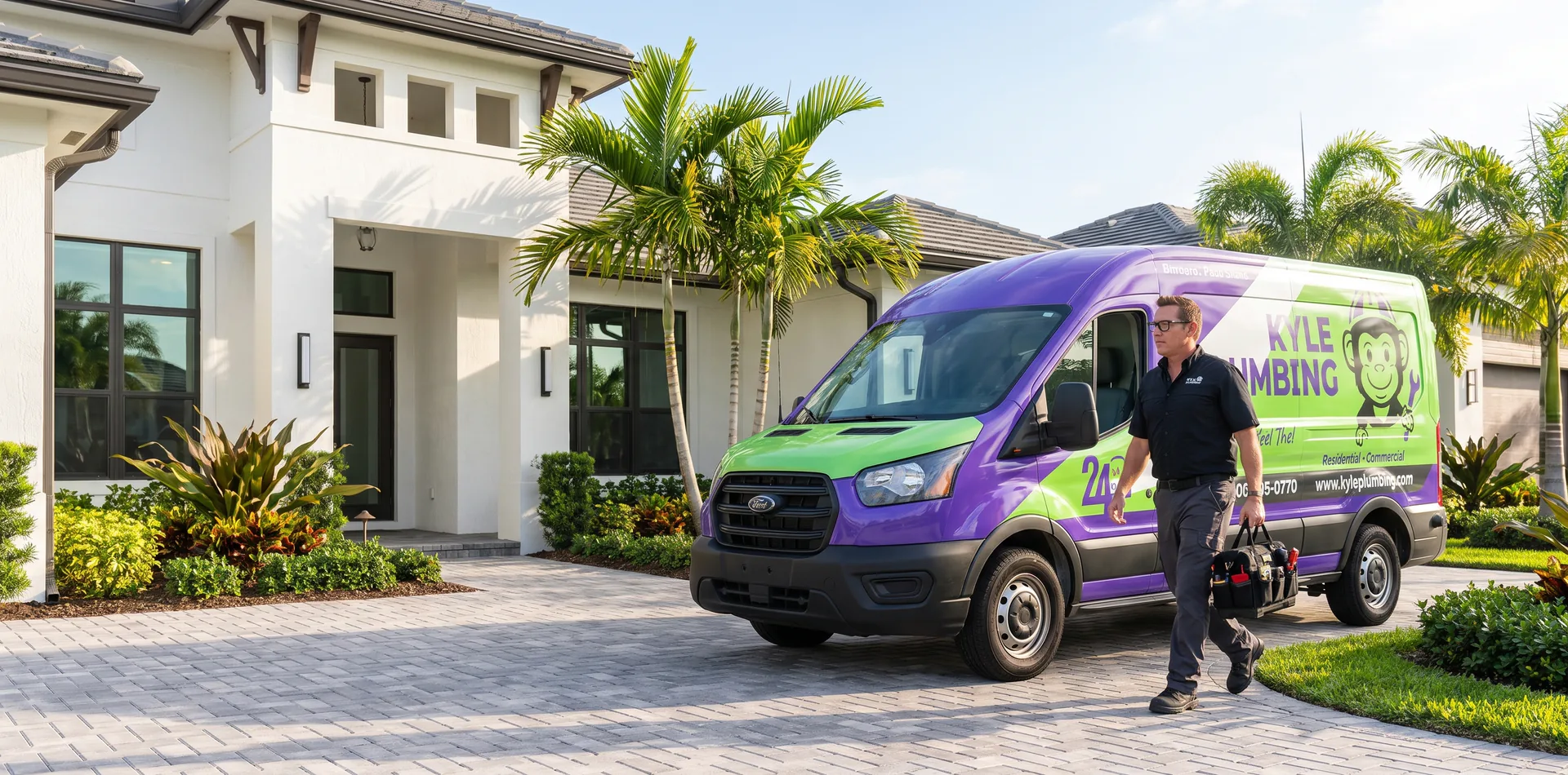 Kyle Plumbing technician arriving at a South Florida home with a fully stocked service van