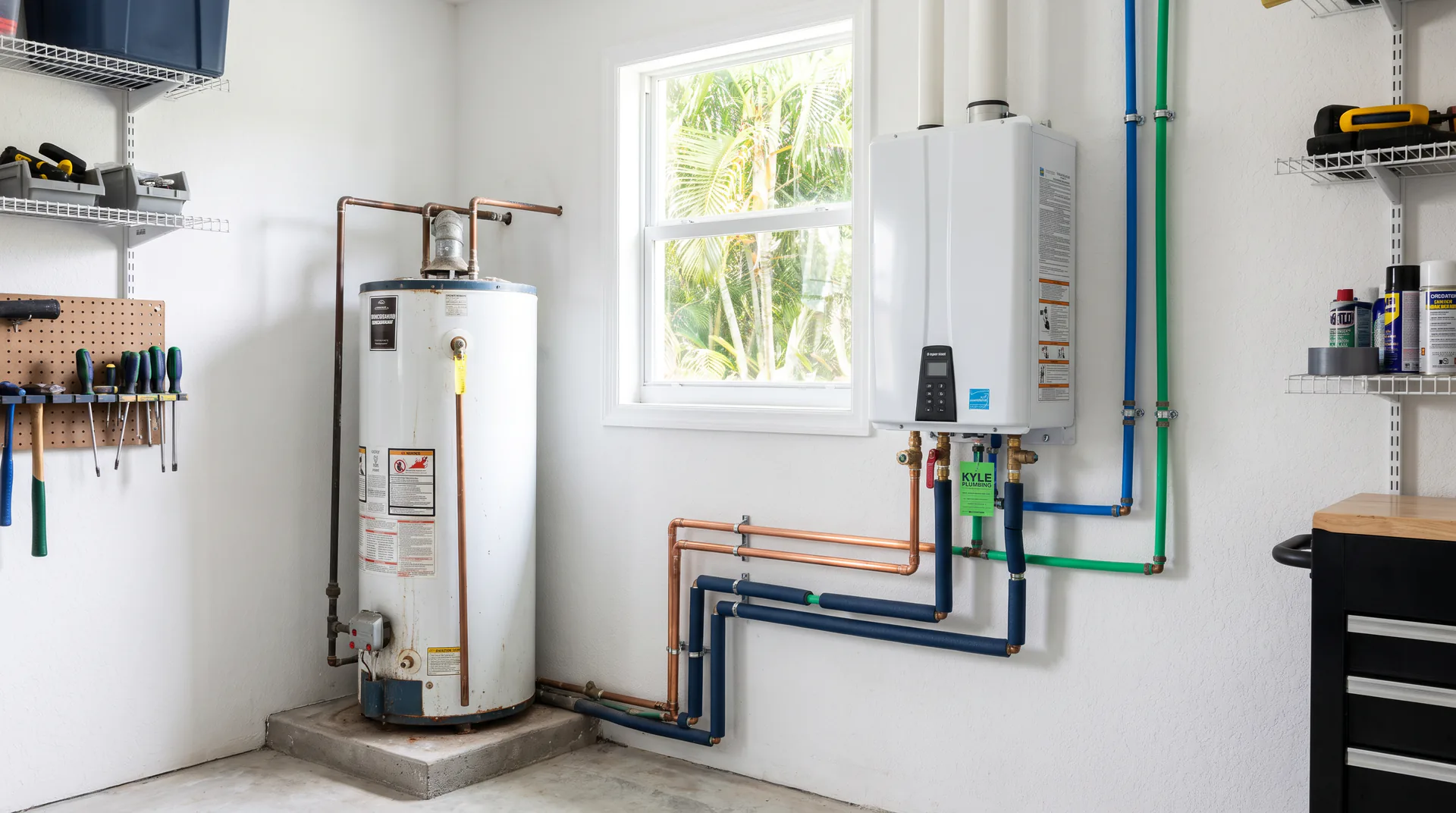 An aging tank water heater beside its new tankless replacement, installed and tagged by Kyle Plumbing